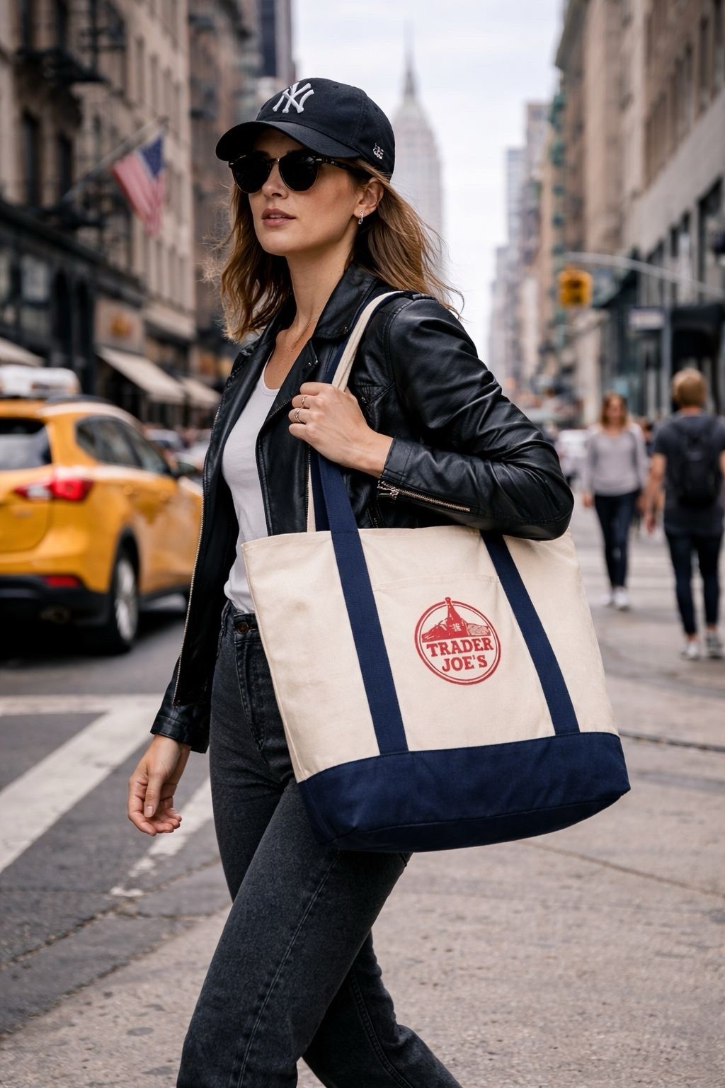 Trader Joe’s Reusable Tote Bag Cotton Polyester Beige Navy Blue Foldable