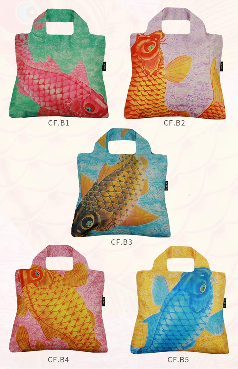 Reusable Grocery Bags, Set of 5, Multicolored China Chic Chinese Carp Design,…