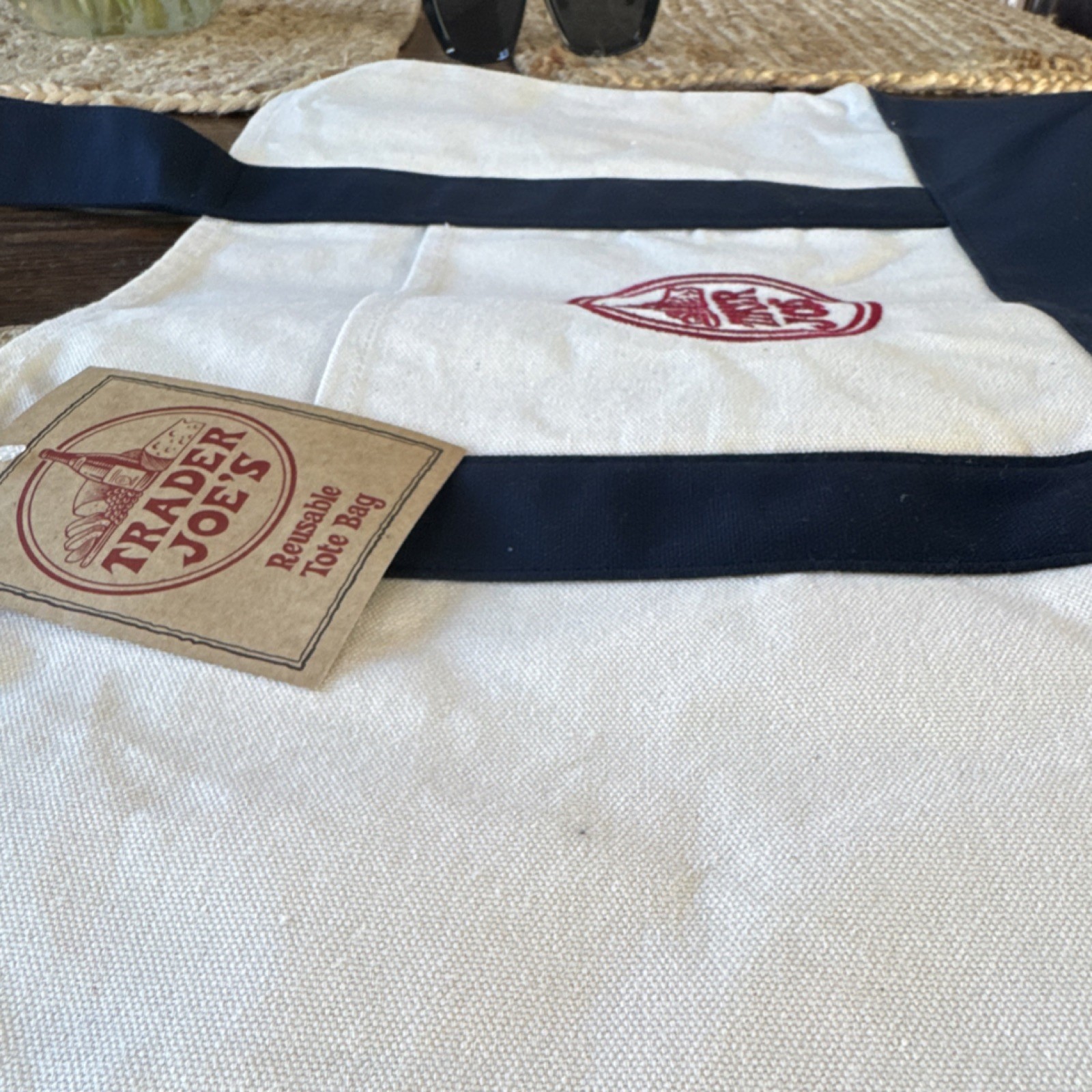 Just in ! Trader Joe’sTote Bag White with Navy Blue Straps Solid Plain Shopper.