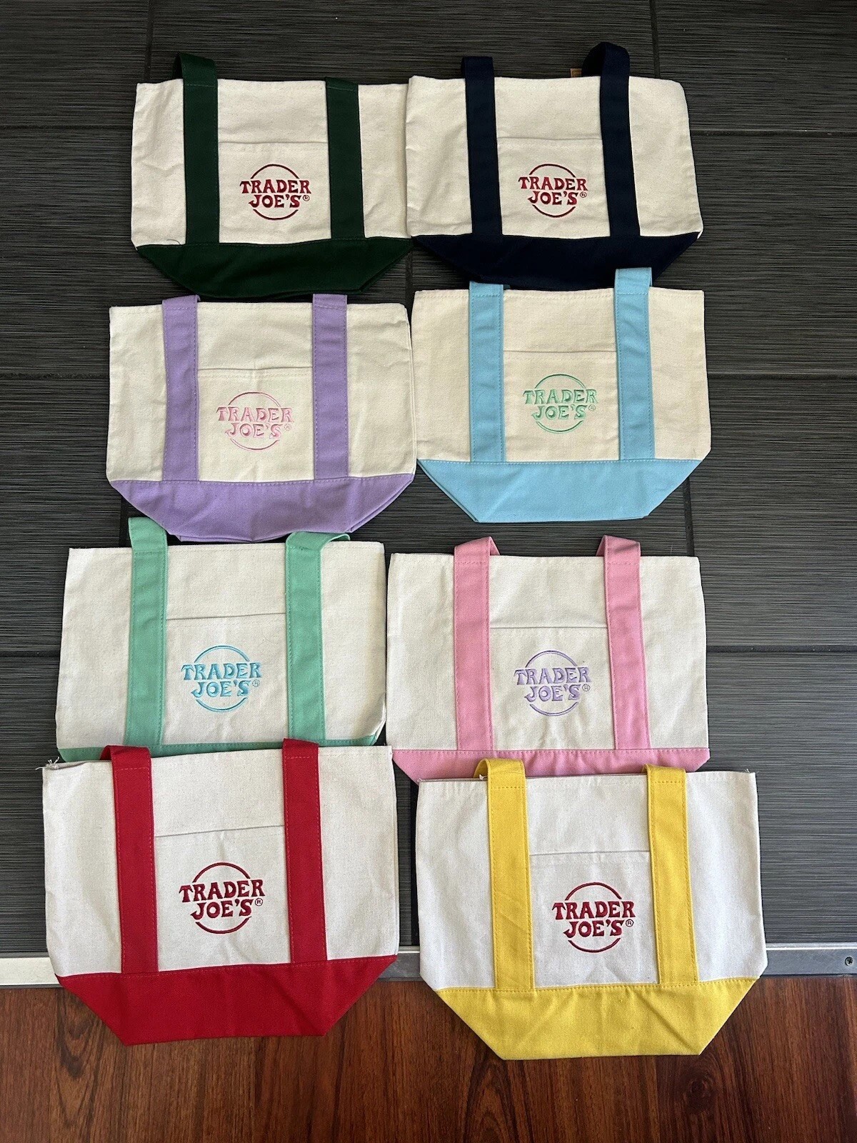 Trader Joe’s Mini Canvas Reusable Tote bags, SET of all 8, Basic and Pastel, NWT