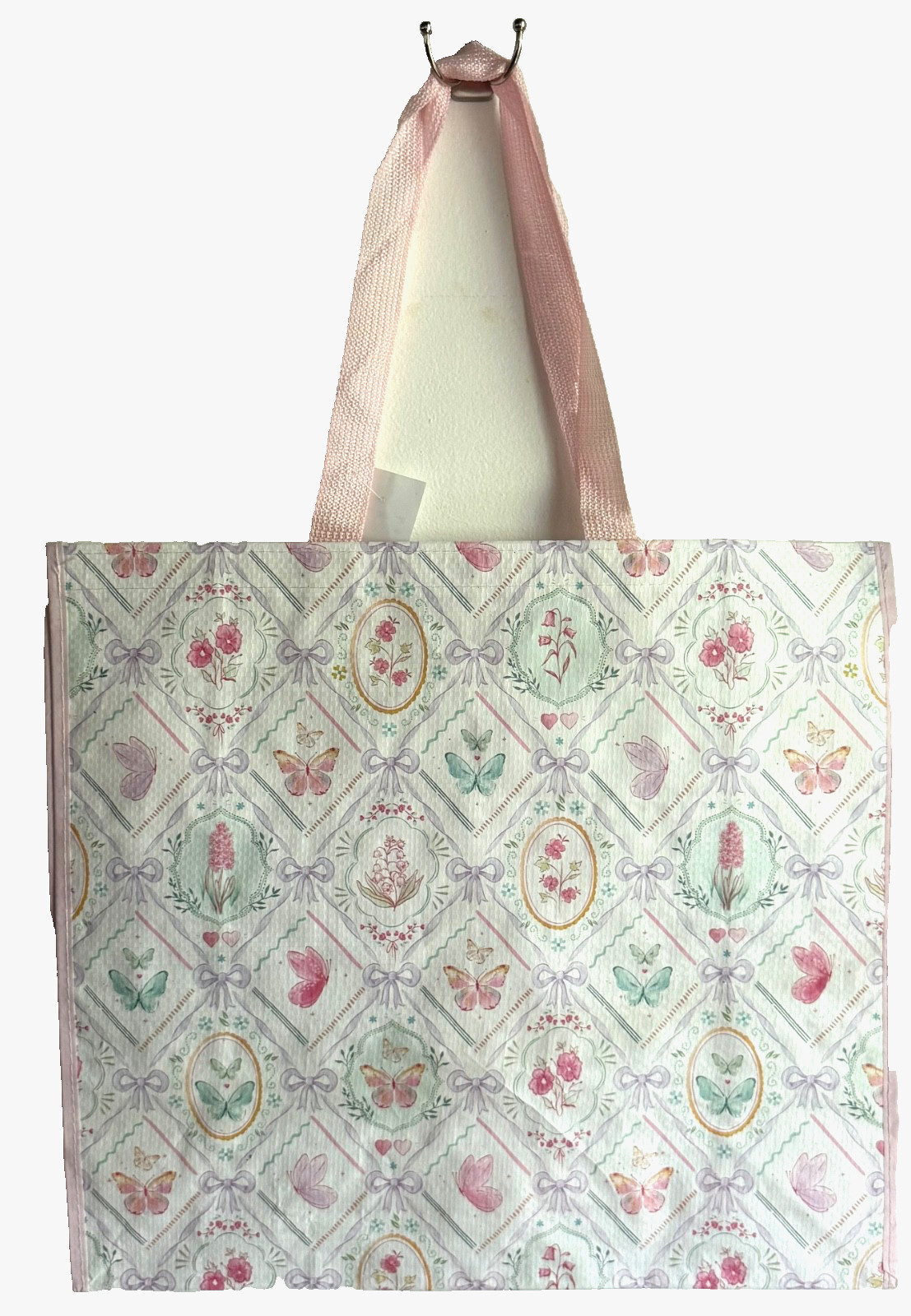 HOMESENSE REUSABLE LARGE TOTE SHOPPING BAG 20″ X 18″ BUTTERFLY FLOWERS PINK NEW